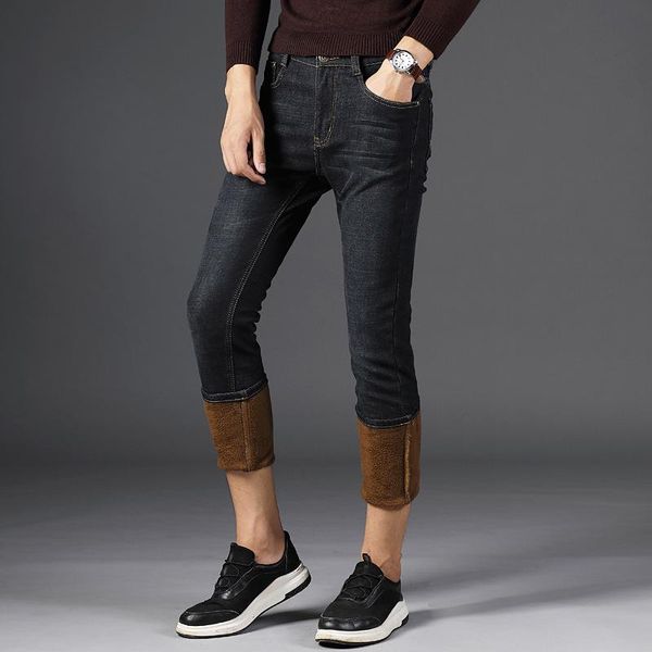 

2020 winter warm fleece business fashion thicken denim trousers stretch jeans mens long trouser 28-40, Blue