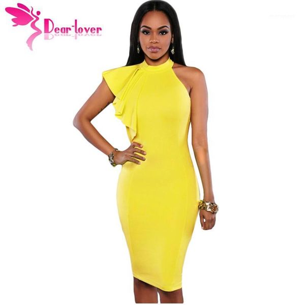 

wholesale- dear lover summer dresses mujer 2017 yellow/white/black solid one shoulder ruffle sleeve midi dress runway lc610941
