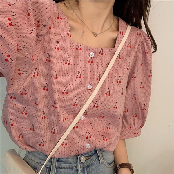 

hzirip 2020 summer vintage casual women blouses simple loose print cherries sweet shirts female puff sleeves all match, White