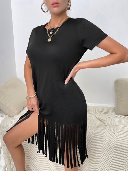 

solid fringe hem cover up p7r6#, White;black