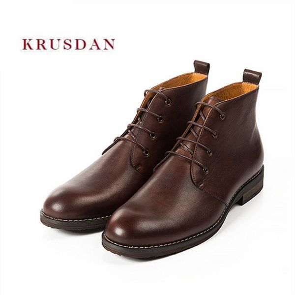 

boots krusdan fashion men winter handmade genuine leather riding motorcycle ankle walking shoes men's breathable casual flats, Black