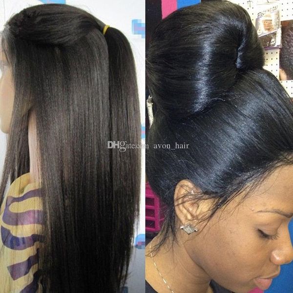 

180 density kinky straight full lace wig silk 4x4 malaysian human hair coarse yaki silk base glueless lace front wigs natural hairline, Black;brown