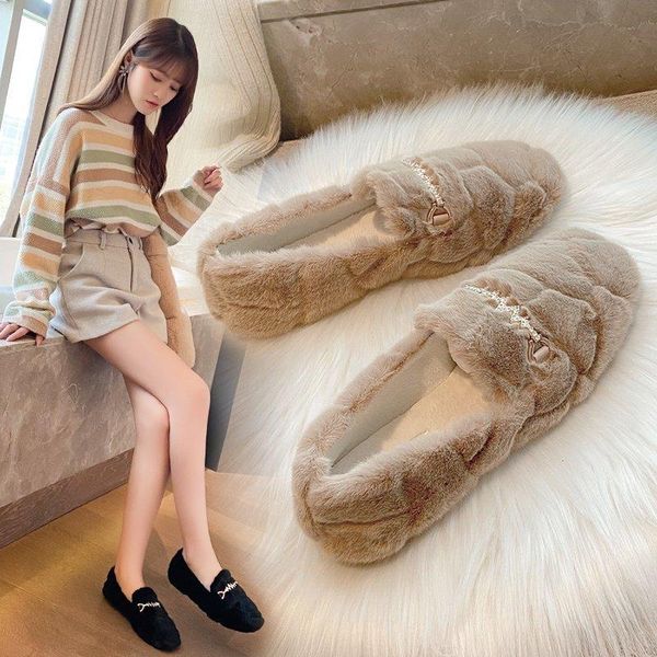 

winter women house furry slippers fashion faux fur warm shoes slip on flats female home slides black white khaki plush slippers