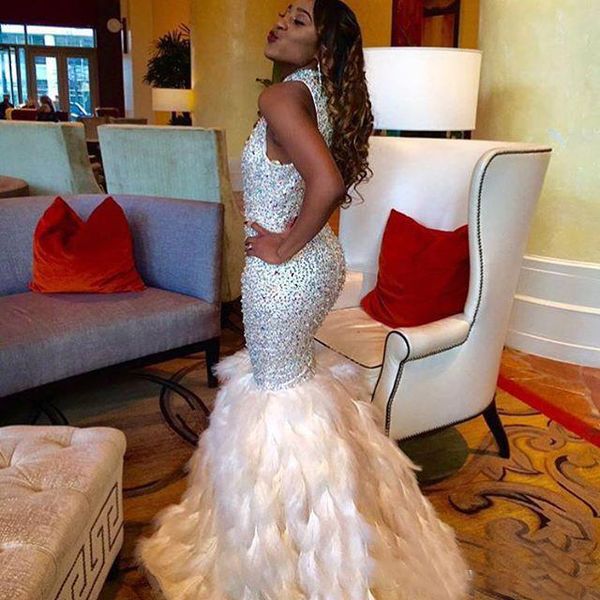 

stunning sequined feather mermaid prom dresses long rhinestones beaded high neck formal gowns floor length evening pageant dress for women, Black;red