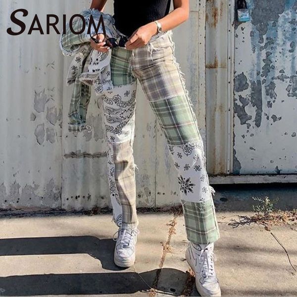 

vintage green plaid print ripped jeans for women high waist boyfriends mom y2k denim distressed skinny y2k straight leg pants y1214, Blue