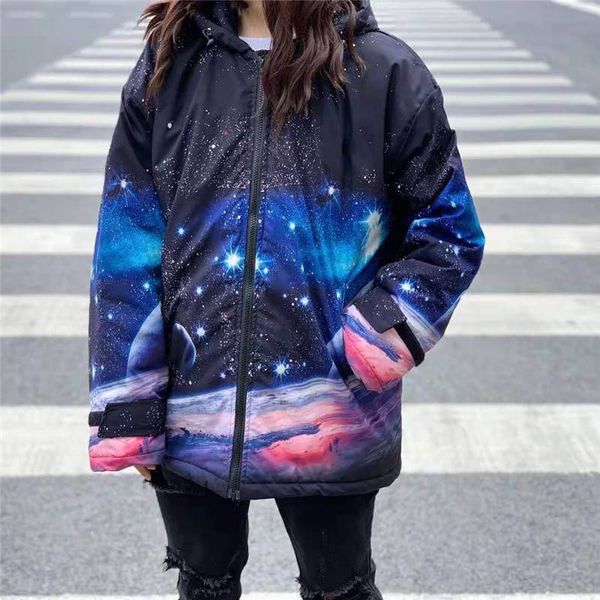 

american couple style star trek starry sky pattern thick cotton jacket custom windproof fabric loose version, Black