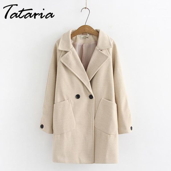 

tataria plus size wool blend coat for women winter long coats female elegant turn-down collar outwear jacket women loose warm1, Black
