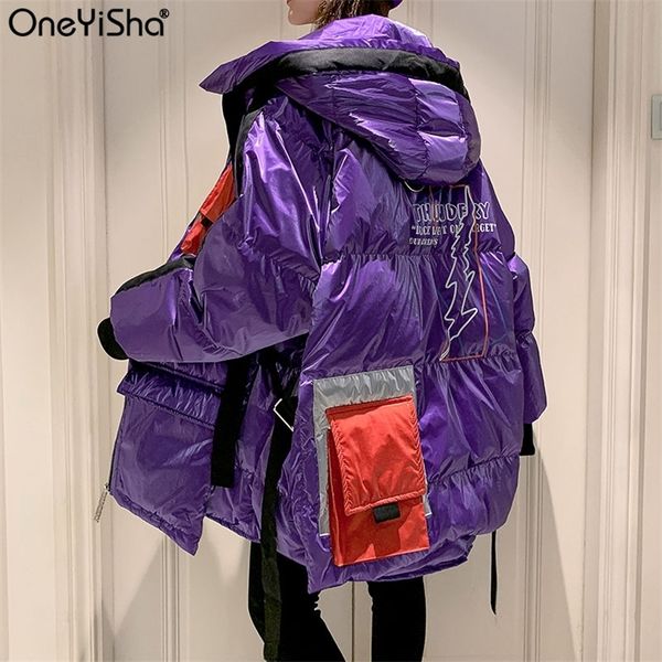 

woman winter long brand down jacket new hooded ladies glossy parkas oversize white duck down cotton jackets women coats 201210, Black