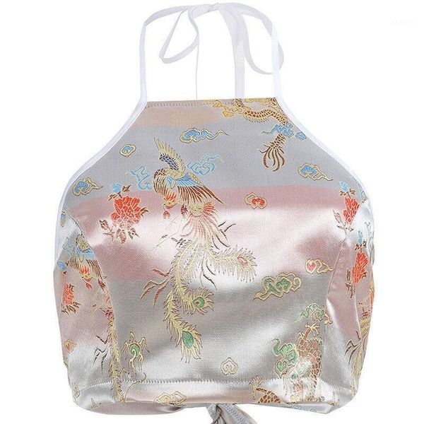 

2020 new women chinese style dragon phoenix embroideryvest sleeveless crop tee shirt blouse1, White