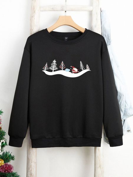 

plus christmas tree & santa claus print thermal pullover 67ya#, Black