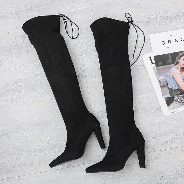 

big size 43 over the knee boots heels autumn fashion pointed heel boots women comfortable shoes knee high high heels sexy, Black