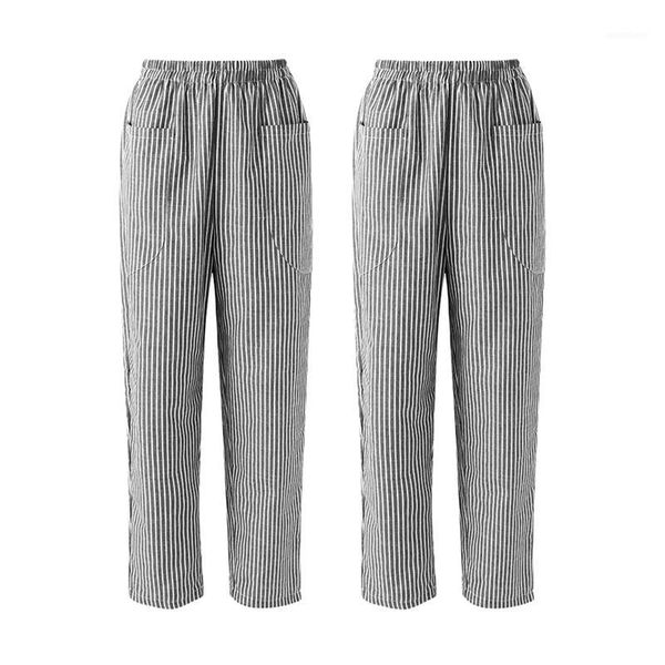 

2x women elastic waist striped pockets loose cotton linen long harem pants casual overalls trousers black s & m1, Blue