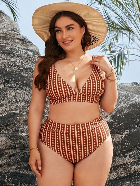 

plus geometric high waisted bikini swimsuit i9pf#, Black