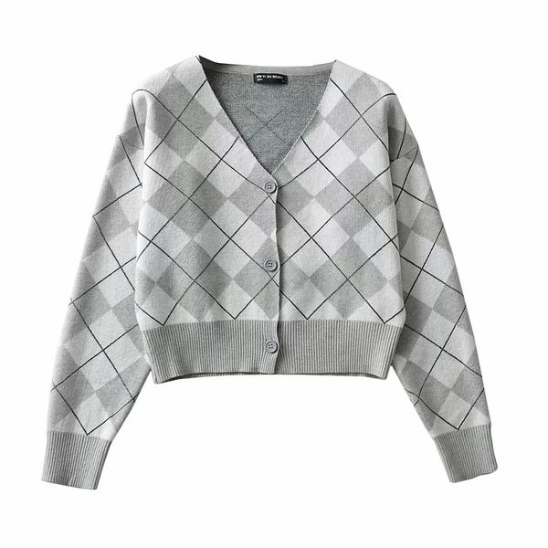 

2021 new diamond lattice sweater ins european and american women's versatile v-neck loose knitted cardigan mpbm, White;black