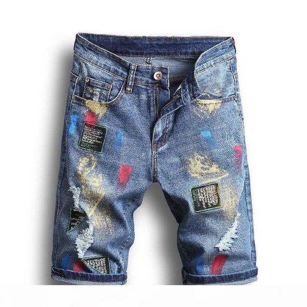 

new arrival summer mens holes denim shorts fashion men stylist denim jeans slim straight pants trend mens stylist pants, Blue