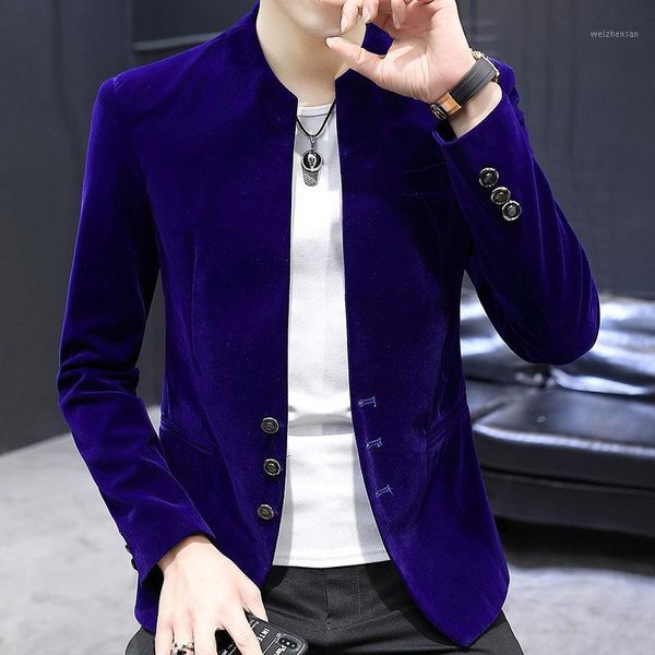 

2020 spring men's new collar jin si rong blazer youth leisure cultivate one's morality handsome velvet blazer1, White;black
