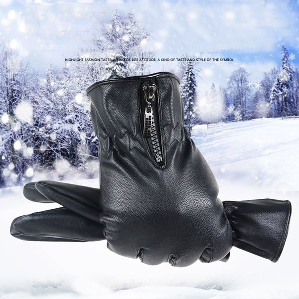 

fashion 1 pair men luxurious pu leather winter warm driving ski cashmere full finger gloves with zipper o10 oc6, Blue;gray