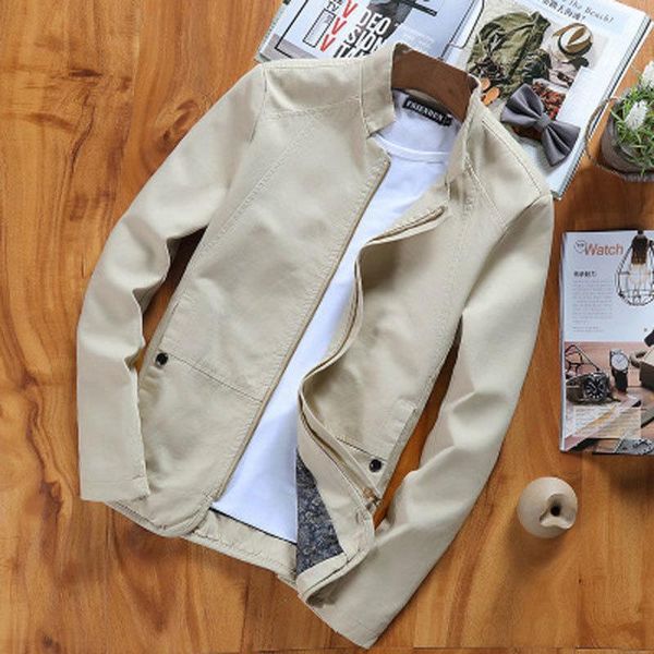 

spring autumn casual men jackets 100% cotton solid slim coat stand collar zipper fashion regular outerwear washable1, Black;brown