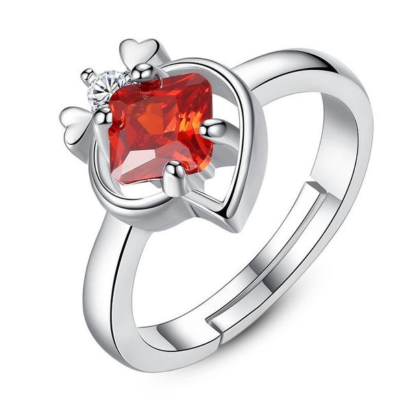 

New Fashion Jewelry Red Square Zircon Ring Korean Version of The Popular Four-claw Peach Heart Open Ring Ladies Gift Jewelry