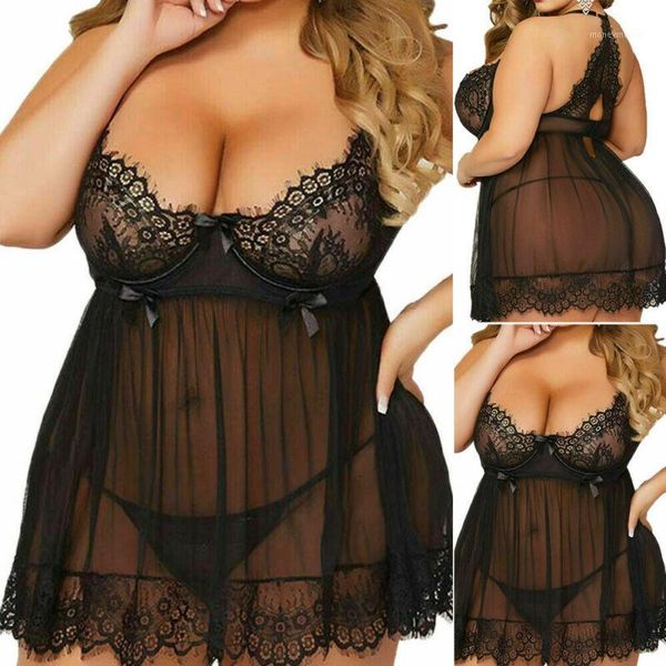 

bras sets plus size women's lingerie black lace deep v dress thong underwear babydoll pajamas set1, Red;black