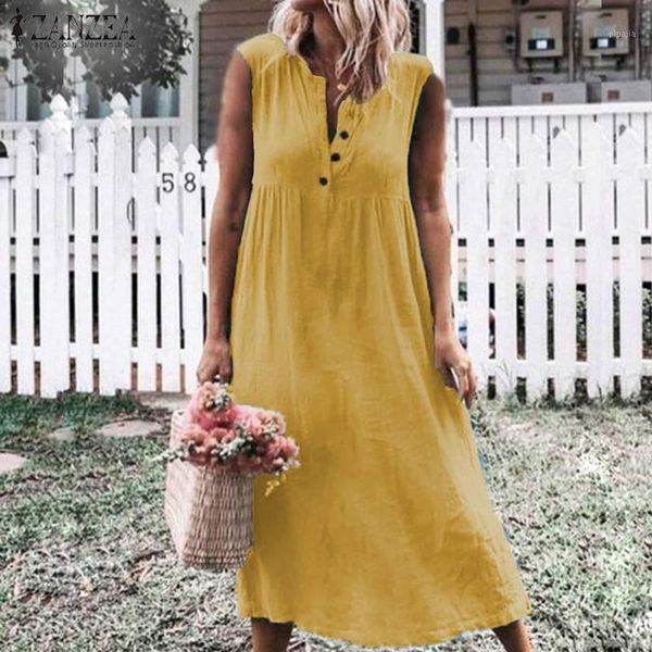 

2020 zanzea summer v neck sleeveless midi dress women casual solid tanks dresses party sundress female tunic vestido robe1, Black;gray