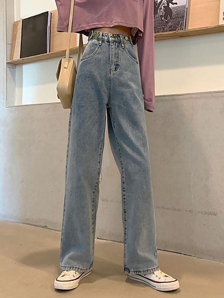 

women's jeans high waist wide leg autumn retro pants straight loose, Blue