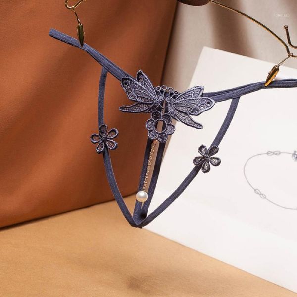 

female g-string tback temptation underwear hollow embroidery thong pearl pendant open transparent pants1, Black;pink