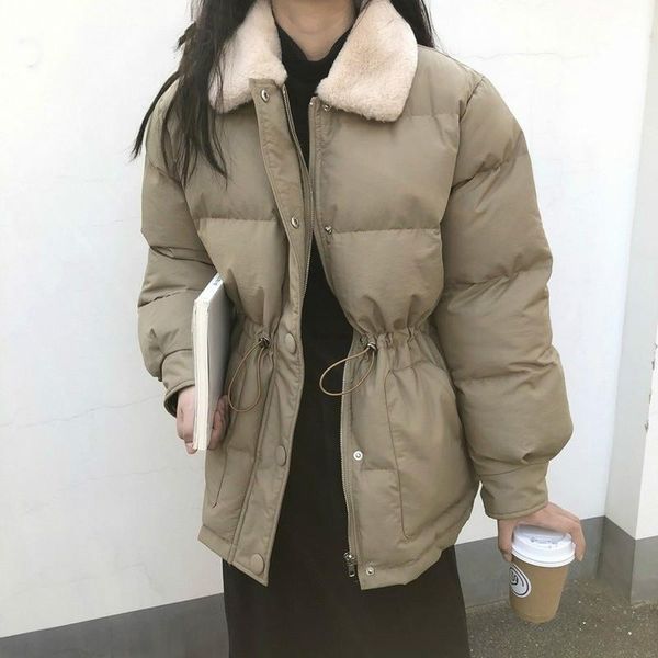 

korean down cotton bread coat thick warm outerwear 2021 winter women's drawstring waist faux fur lapel jackets female, Black