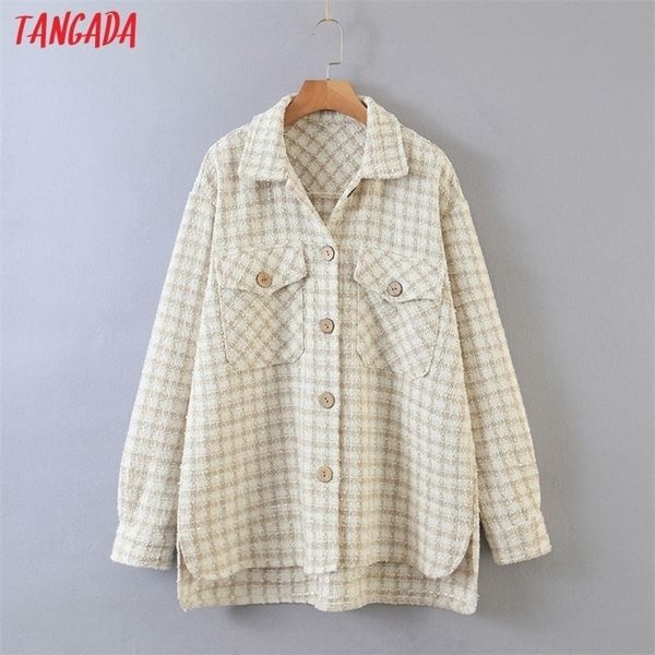 

tangada women beige plaid oversized tweed jacket 2020 pockets loose style long sleeve coats female outwear lj201201, Black