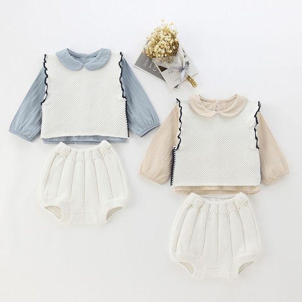 

new 2020 spring autumn infant baby girls lace knit waistcoat shirt + shorts clothing sets kids girls clothes sets, Red;yellow