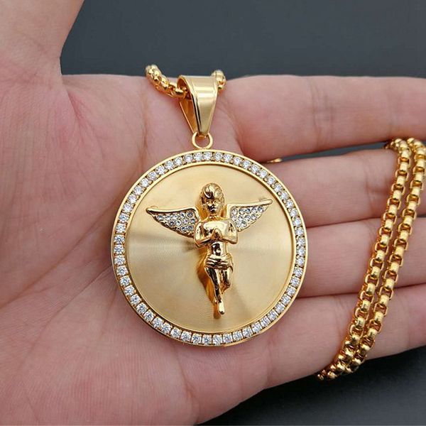 

hip hop iced out angel wings pendant necklace for women men gold color stainless steel round necklace bling jewelry 0927, Silver