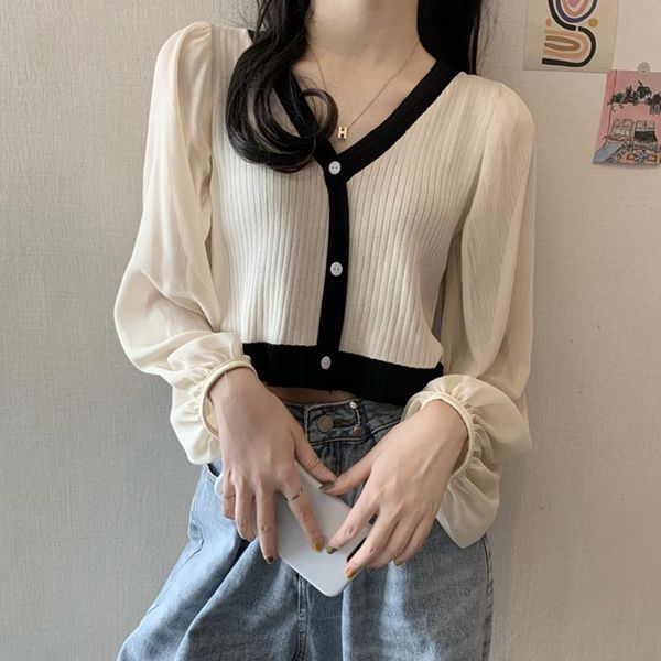 

women's knits & tees korean v-neck chiffon long sleeve patchwork knitted sweaters female autumn fashion sweet style cardigans crop hip, White
