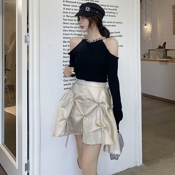 

autumn 2020 new short off shoulder long sleeve + bow a-line skirt two piece fashion suit for women