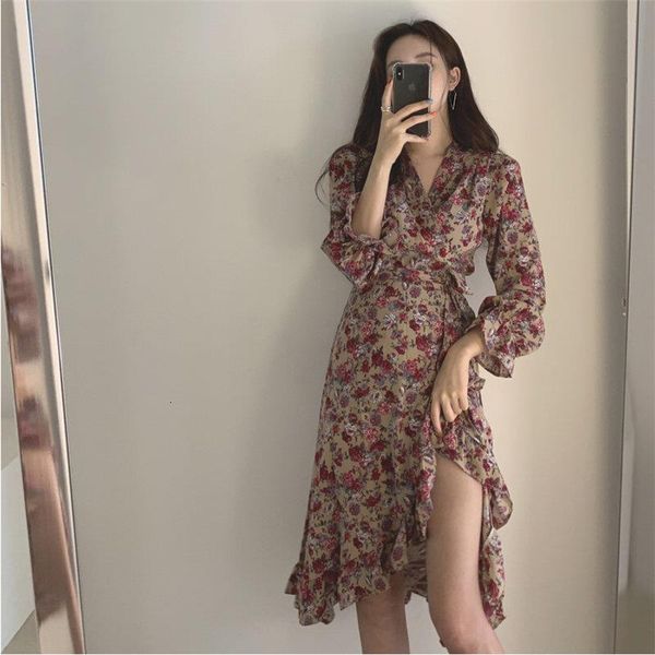 

korea chic slim 2019 sweet print floral brief new v-neck loose slimming ruffles high street casual regular dresses, Black;gray