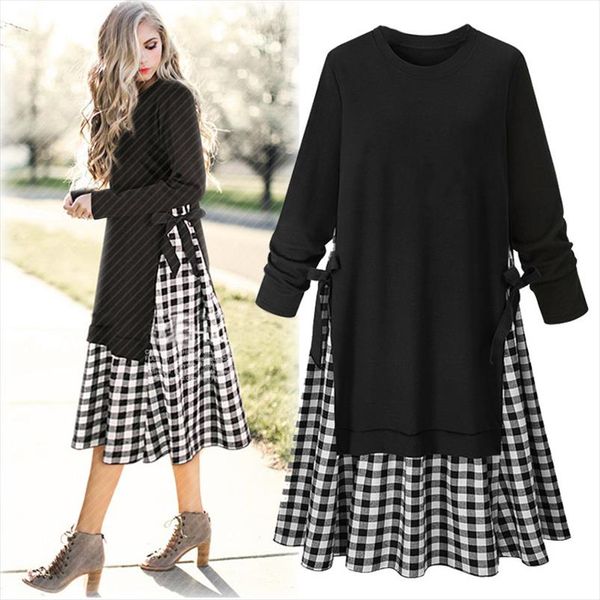 

2021 large size dress not stomach plaid dress mock two piece long sleeve slimming mid length drop shipping, Black;gray