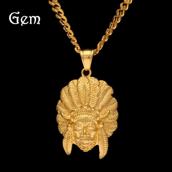 

hip hop indian chief head feather pendant men's necklace stainless steel necklace, Silver