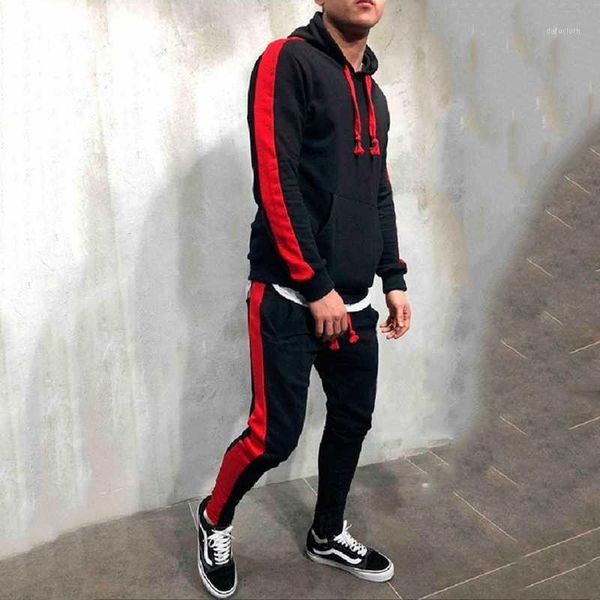 

2 pieces sets tracksuit men new brand autumn winter hooded sweatshirt +drawstring pants male stripe patchwork hoodies bigsweety1, Gray
