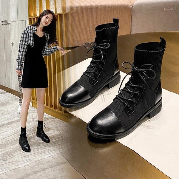 

rock shoes woman women's mid calf boots booties ladies low heels booties round toe boots-women autumn mid-calf 2020 rubber1, Black