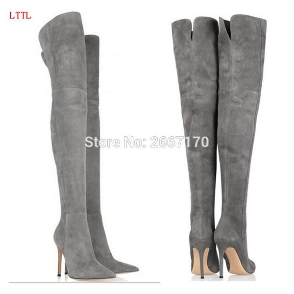

boots stylish botas mujer pointy toe shoes stilettos autumn winter over-the-knee women booties thin heel suede thigh high, Black