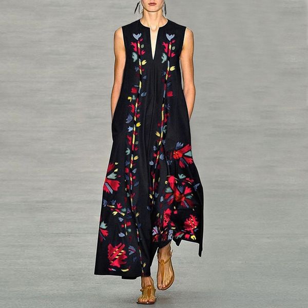 

vintage plus size women maxi casual sleeveless floral printed v neck long bohemian boho vestido de mujer, Black;gray