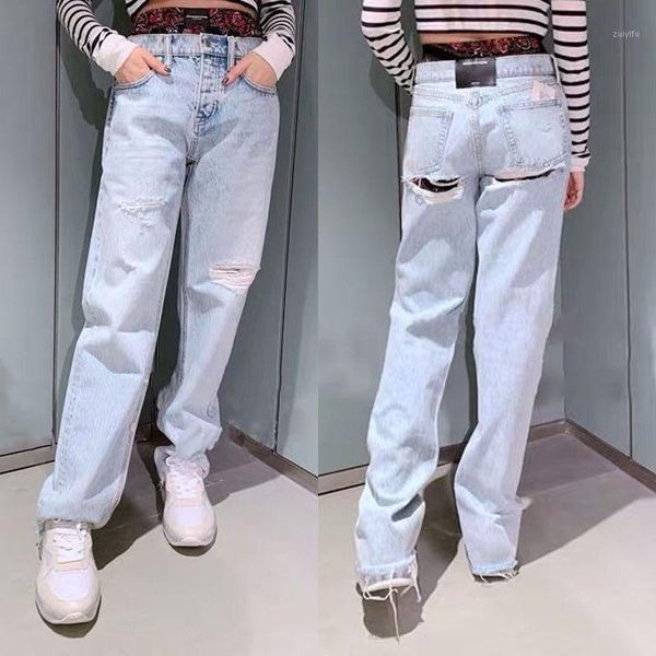 

2020 spring summer women shredded fake two straight denim trousers hole light blue shredded jeans a21