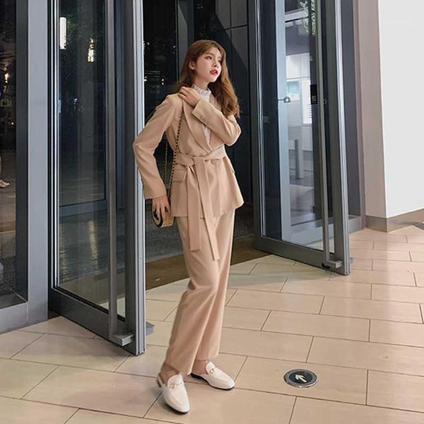 

autumn winter women lace up pant suit notched blazer jacket & pant office wear suits female sets1, Gray