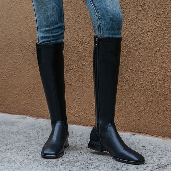 

meotina flats riding boots knee-high boots women shoes square toe zipper long boots ladies autumn winter brown lj201201, Black
