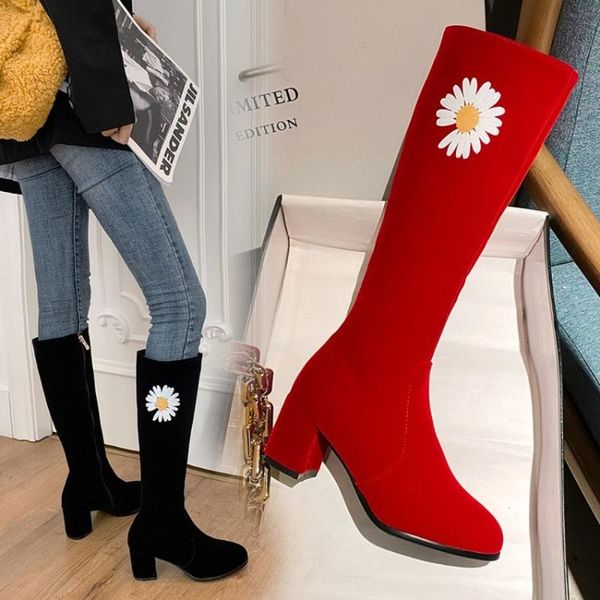 

us4-11 womens round toe flock knee thigh high boots block heel flowers warm winter riding shoes plus size black red new 2020