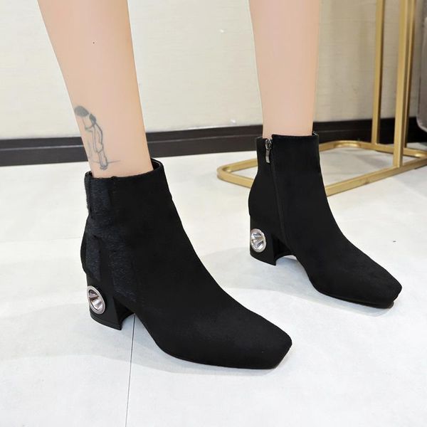 

boots girls 6 cm thick high heel ankle fashion ladies short winter keep warm crystal decoration women shoes purple black