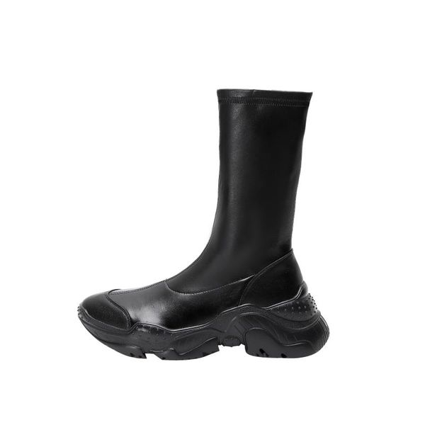 

lmyom brand women's shoes genuine leather stretch boots thick-soled sports style first layer leather platform casual fashion, Black