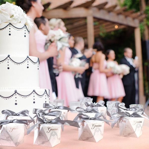 

ourwarm 10pcs marbling kraft paper candy box french spanish thank you gift bag ribbon wedding baptism party favor decoration wmtzyd