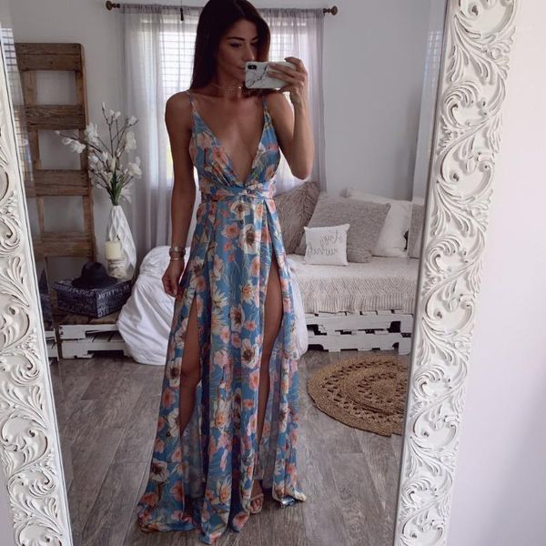 

women bohemian maxi long dress holiday summer evening party beach slit spilt sundress woman ladies sleeveless dresses1, Black;gray
