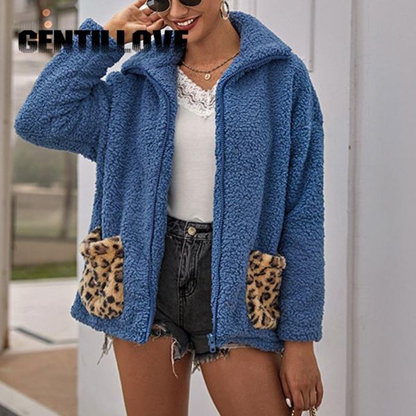 

women's fur & faux casual fleece turn-down collar women sweatshirt patchwork leopard print zipper long sleeve with pockets winter pullo, Black