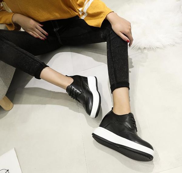

new style thick sole inside heighten british leather shoes autumn leather casual wedge heel female, Black